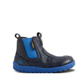 The Bobux IW Iwalk Trail Leather Boot Navy Alpha is a kids’ leather boot in navy, with a barefoot-shaped toe box, bright blue elastic side panel, blue pull tabs, blue rubber sole, visible stitching, and a small fabric side label., 9420068563568, 9420068563575, 9420068563582, 9420068563599