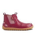 The Bobux IW Iwalk Trail Leather Boot Beaujolias Purple Alpha is an ankle-high kids' leather boot in pink and maroon, featuring elastic side panels, a back loop, tan rubber sole, textured finish, barefoot-shaped toe-box, and a BOBUX tag., 9420068563667, 9420068563674, 9420068563681, 9420068563698