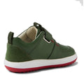 The Bobux IW Iwalk Backspin Leather Boot in Bronze Green is a kids’ sneaker with a hook and loop strap, white midsole, red outsole, and suede heel detail, shown from the back left side., 9420074818072, 9420074818089, 9420074818096, 9420074818102, 9420074818119