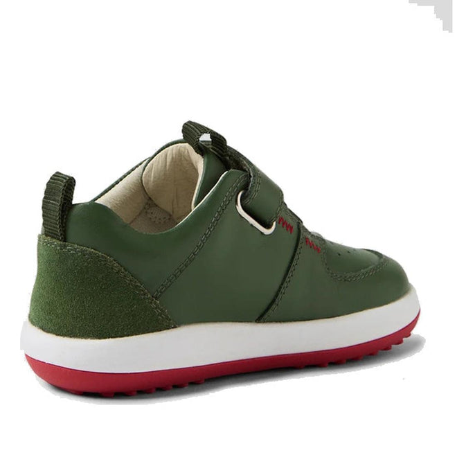 The Bobux IW Iwalk Backspin Leather Boot in Bronze Green is a kids’ sneaker with a hook and loop strap, white midsole, red outsole, and suede heel detail, shown from the back left side., 9420074818072, 9420074818089, 9420074818096, 9420074818102, 9420074818119