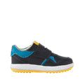 The Bobux IW Iwalk Baseline Leather Mid Sneaker Navy is a kids' leather sneaker featuring a dark navy and bright blue upper, yellow heel detail, white midsole, yellow treaded sole, hook and loop strap for easy wear, and stylish stitching accents., 9420074818560, 9420074818577, 9420074818584, 9420074818591