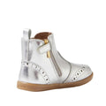 The Bobux IW Iwalk Billie Jodhpur Girls Leather Boot in silver features a shiny leather upper, tan flexible sole, side zipper, decorative perforations, and heel pull tab. This toddler boot is shown from the side., 9420074856302, 9420074856319, 9420074856326, 9420074856333, 9420074856340