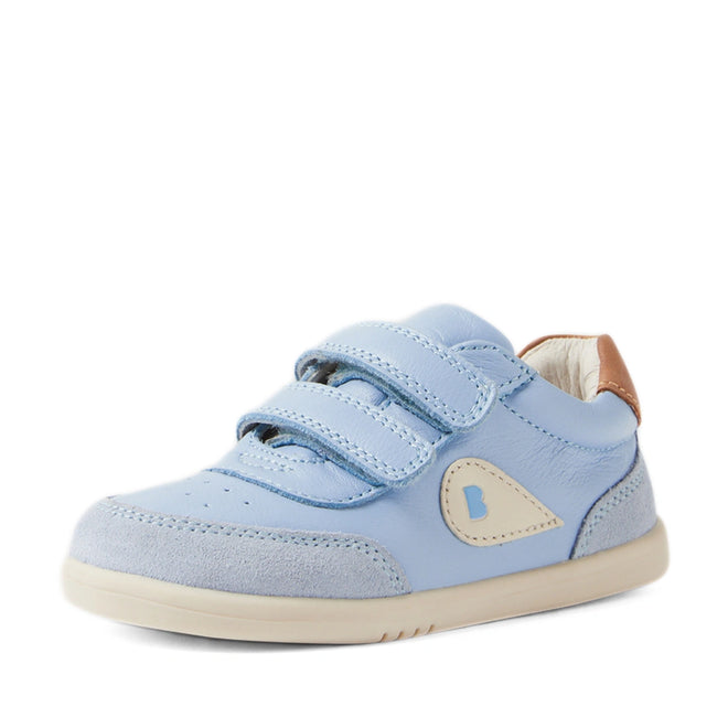The Bobux IW Iwalk Toddlers Champ Leather Sneaker in Skyway Blue features two hook-and-loop straps, a beige sole, and a small beige heart patch on the side. A subtle brown accent highlights the heel. These leather sneakers are displayed against a white background., 9420074856753, 9420074856760, 9420074856777, 9420074856784, 9420074856791