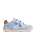 The Bobux IW Iwalk Toddlers Champ Leather Sneaker in Skyway Blue features a light blue leather upper with two hook and loop straps, beige detailing, a brown heel accent, and a white sole, shown in profile on a white background., 9420074856753, 9420074856760, 9420074856777, 9420074856784, 9420074856791