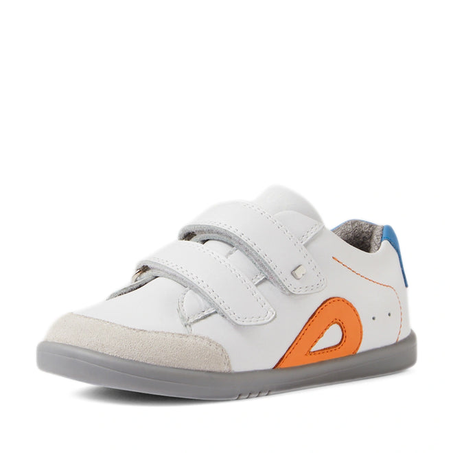 The Bobux IW Iwalk Blaze Toddlers Leather Sneaker in White Orange features a quick-drying white leather upper with two velcro straps, a gray sole, a beige toe cap, an orange side accent, and a blue heel detail—perfect everyday sneakers for adventurous toddlers., 9420074851918, 9420074851925, 9420074851932, 9420074851949, 9420074851956