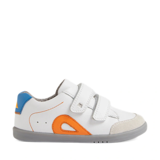 The Bobux IW Iwalk Blaze Toddlers Leather Sneaker in White Orange features a white leather upper with gray soles, orange and yellow accents, blue heel detailing, and two velcro straps. Crafted from quick-drying leather, these kids’ sneakers offer all-day comfort and easy care., 9420074851918, 9420074851925, 9420074851932, 9420074851949, 9420074851956