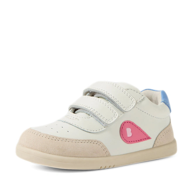 The Bobux IW Iwalk Toddlers Champ Leather Sneaker in White Pink features a white and beige design with two hook-and-loop straps, a pink patch with a ‘B’ on the side, and a blue accent on the heel, displayed against a white background., 9420074856654, 9420074856661, 9420074856678, 9420074856685, 9420074856692