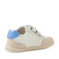 The Bobux IW Iwalk Toddlers Champ Leather Sneaker in White Pink features a cream base with beige suede accents, a light blue heel patch, and two hook-and-loop straps for easy fastening. Designed with a beige sole and BOBUX branding on the heel, it’s an ideal choice for comfortable toddler sneakers., 9420074856654, 9420074856661, 9420074856678, 9420074856685, 9420074856692