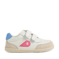 The Bobux IW Iwalk Toddlers Champ Leather Sneaker in White Pink is a stylish children’s sneaker featuring a white leather upper, beige sole, blue heel accent, pink teardrop design with a “B”, and two hook-and-loop straps for easy fastening—shown in side profile on a white background, making it the perfect choice for toddler or kids’ leather sneakers., 9420074856654, 9420074856661, 9420074856678, 9420074856685, 9420074856692