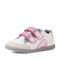 The Bobux IW Iwalk Blaze Toddlers Leather Sneaker in Pink Metallic features a white base, pink metallic Velcro straps, pastel blue and green accents, and a gray sole—blending playful style with everyday comfort for little ones., 9420074851987, 9420074851994, 9420074852007, 9420074852014, 9420074852021