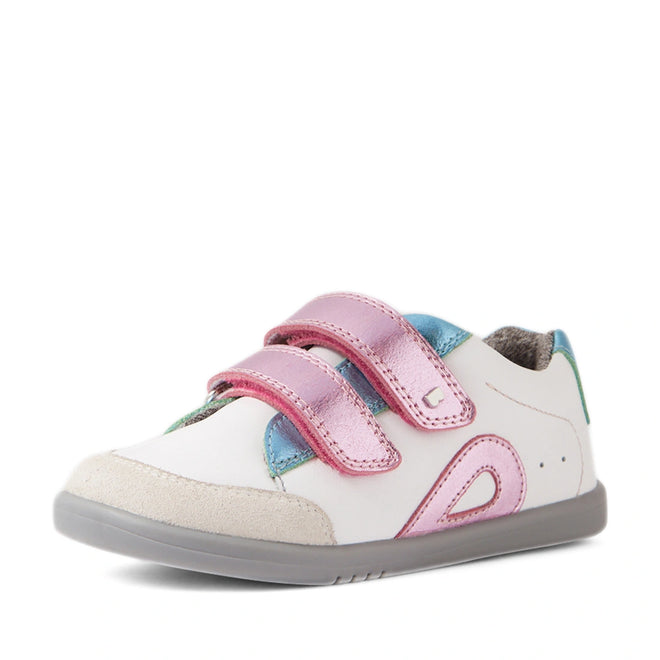 The Bobux IW Iwalk Blaze Toddlers Leather Sneaker in Pink Metallic features a white base, pink metallic Velcro straps, pastel blue and green accents, and a gray sole—blending playful style with everyday comfort for little ones., 9420074851987, 9420074851994, 9420074852007, 9420074852014, 9420074852021