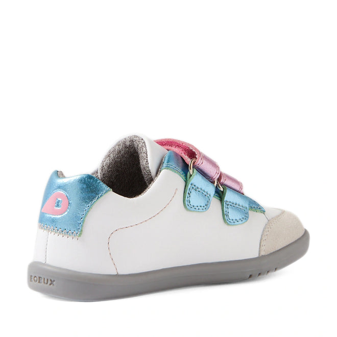 A Bobux IW Iwalk Blaze Toddlers Leather Sneaker in Pink Metallic, featuring a white upper, gray sole, pink and blue metallic straps, and a metallic blue heel detail, shown from the back., 9420074851987, 9420074851994, 9420074852007, 9420074852014, 9420074852021