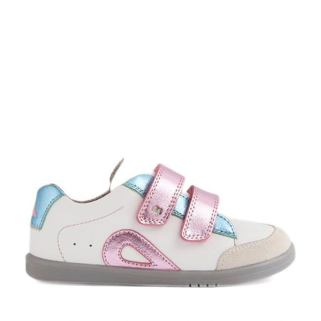 The Bobux IW Iwalk Blaze Toddlers Leather Sneaker Pink Metallic is shown in a side profile on a white background. These stylish white leather sneakers for kids feature light blue and pink metallic accents, two pink Velcro straps, a gray sole, and a beige toe cap., 9420074851987, 9420074851994, 9420074852007, 9420074852014, 9420074852021