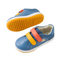 The Bobux IW Iwalk Breakpoint Leather in Coronet Blue are toddler shoes with yellow and orange velcro straps, bright yellow textured soles, and cushioned EVA midsoles for comfort., 9420074817709, 9420074817716, 9420074817723, 9420074817730