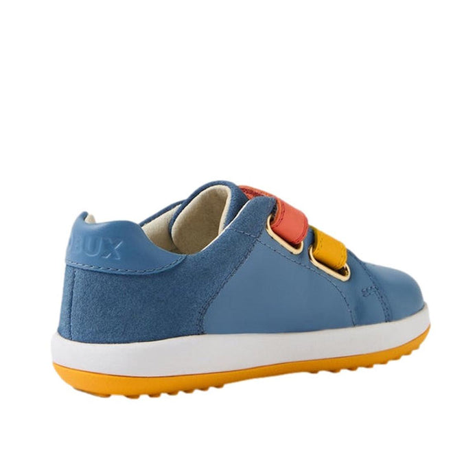 The Bobux IW Iwalk Breakpoint Leather Coronet Blue toddler shoe features yellow and orange Velcro straps, a white sole, cushioned EVA midsole, and a yellow outsole, shown from the rear side against a white background., 9420074817709, 9420074817716, 9420074817723, 9420074817730