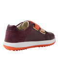 The Bobux IW Iwalk Breakpoint Leather Fig Purple is a kids' leather sneaker with a maroon and suede upper, orange and pink Velcro straps, and an orange rubber sole. Shown from a rear side angle on a white background., 9420074817600, 9420074817617, 9420074817624, 9420074817631