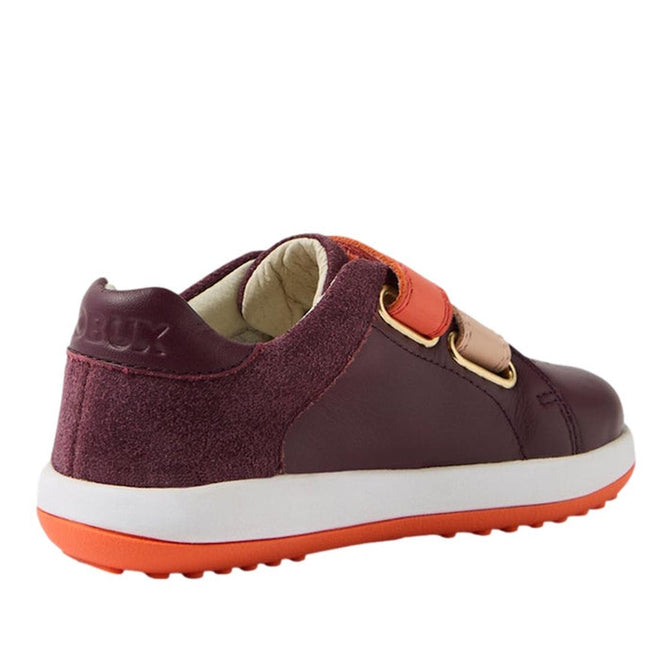 The Bobux IW Iwalk Breakpoint Leather Fig Purple is a kids' leather sneaker with a maroon and suede upper, orange and pink Velcro straps, and an orange rubber sole. Shown from a rear side angle on a white background., 9420074817600, 9420074817617, 9420074817624, 9420074817631