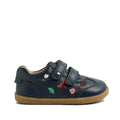The Bobux Iwalk Buggie Navy Embroidered Toddlers Trainer is a dark blue leather shoe with a tan sole, two velcro straps, and colorful embroidered insect and leaf designs on the side., 9420074829283, 9420074829290, 9420074829306, 9420074829313, 9420074829320