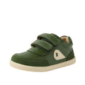 The Bobux IW Iwalk Champ Sneaker Bronze Green is a toddler shoe with green leather, two hook-and-loop straps, a cream sole, and a heart-shaped cream side detail., 9420074810786, 9420074810793, 9420074810809, 9420074810816, 9420074810779, 9420074810786, 9420074810793, 9420074810809, 9420074810816