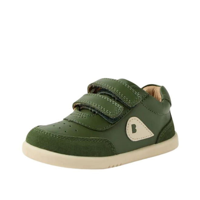 The Bobux IW Iwalk Champ Sneaker Bronze Green is a toddler shoe with green leather, two hook-and-loop straps, a cream sole, and a heart-shaped cream side detail., 9420074810786, 9420074810793, 9420074810809, 9420074810816, 9420074810779, 9420074810786, 9420074810793, 9420074810809, 9420074810816