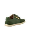 The Bobux IW Iwalk Champ Sneaker Bronze Green for toddlers is shown from a rear side angle, featuring a green upper, beige sole, yellow eyelets, and two adjustable hook-and-loop straps against a white background., 9420074810786, 9420074810793, 9420074810809, 9420074810816, 9420074810779, 9420074810786, 9420074810793, 9420074810809, 9420074810816