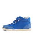 The Bobux IW Iwalk Champ Hi Boot Olympian Blue is a kids' blue leather high-top sneaker with two velcro straps, suede toe and heel accents, and a white sole. Shown from the side on a white background., 9420068541931, 9420068541948, 9420068541955, 9420068541962