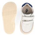 A pair of Bobux Kids IWalk IW Champ Sneaker Chalk White Blue 650501, size 23 EU, with beige soles. One unisex shoe is shown from the top with two Velcro straps; the other displays the textured sole., 9420075767843, 9420075781443, 9420075780316, 9420075781368, 9420075780460