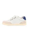 The Bobux Kids IWalk IW Champ Sneaker Chalk White Blue 650501 is a stylish white and beige unisex leather trainer for kids, featuring two velcro straps and a blue heel accent—ideal for little ones seeking comfort and flair., 9420075767843, 9420075781443, 9420075780316, 9420075781368, 9420075780460
