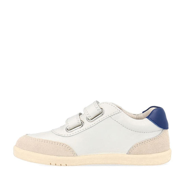 The Bobux Kids IWalk IW Champ Sneaker Chalk White Blue 650501 is a stylish white and beige unisex leather trainer for kids, featuring two velcro straps and a blue heel accent—ideal for little ones seeking comfort and flair., 9420075767843, 9420075781443, 9420075780316, 9420075781368, 9420075780460