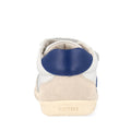 A close-up rear view of the Bobux Kids IWalk IW Champ Sneaker in Chalk White Blue (650501), featuring a blue heel detail and BOBUX branding on the off-white sole. Unisex shoes shown against a plain white background., 9420075767843, 9420075781443, 9420075780316, 9420075781368, 9420075780460