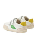 The Bobux IW Iwalk Toddlers Champ Leather Sneaker in White Green features green and yellow accents, beige soles, and easy hook-and-loop straps, shown on a white background., 9420074856609, 9420074856616, 9420074856623, 9420074856630, 9420074856647