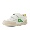 The Bobux IW Iwalk Toddlers Champ Leather Sneaker in White Green features a white leather upper with beige trim, green accents adorned with a heart logo, a yellow heel tab, and two hook-and-loop straps. These stylish kids’ sneakers are displayed on a plain white background.
