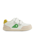 Introducing the Bobux IW Iwalk Toddlers Champ Leather Sneaker White Green: a stylish kids’ leather sneaker in white, featuring beige suede accents, green and yellow detailing, two easy hook-and-loop straps, and a signature green logo patch on the side. Shown here in a side view against a white background, these sneakers are completed with a light beige sole., 9420074856609, 9420074856616, 9420074856623, 9420074856630, 9420074856647