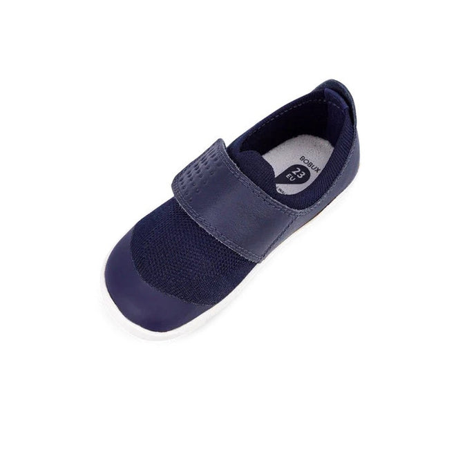 The Bobux Iwalk Lo Dimension III Blue Navy Trainer 638506 is a unisex kids’ lightweight shoe with a Velcro strap, mesh toe, and flexible white rubber sole. Shown on a white background with size label 23 inside., 9420062025925, 9420071311699, 9420068531536, 9420071311712, 9420068531550