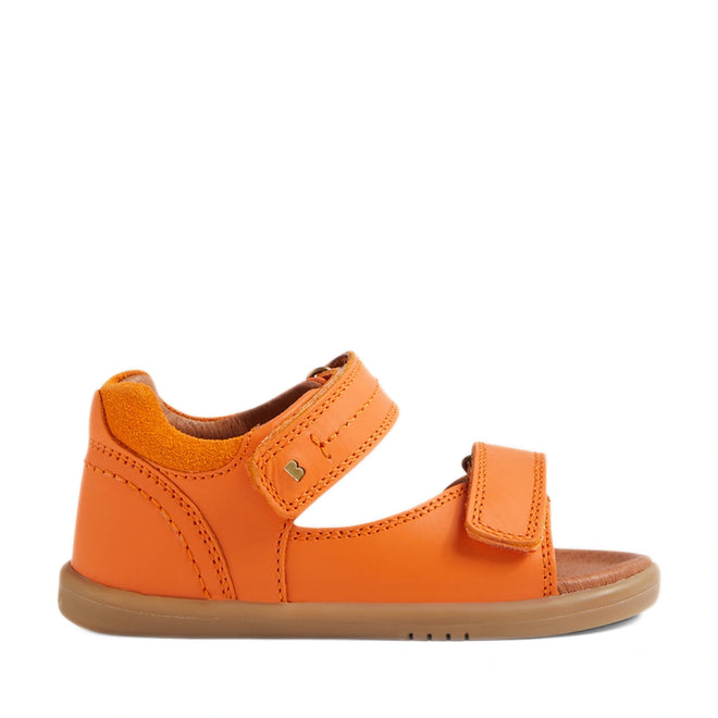 The Bobux IWalk Driftwood Sandal Orange Peel Open Toe is a vibrant orange children’s sandal inspired by the Bobux Driftwood collection, featuring a closed heel, open toe, and two adjustable Velcro straps—ideal for toddler boys. Shown in side profile on a white background., 9420074807656, 9420074807663, 9420074807670, 9420074807687, 9420074807694