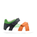 The Bobux IWalk Dune Toddlers Sandal Navy Open Toe features green, navy blue, and orange leather straps, a secure Velcro closure, and a comfortable white sole. Displayed against a white background, these adjustable leather sandals are perfect for little adventurers, offering both comfort and style for toddlers., 9420074855145, 9420074855152, 9420074855169, 9420074855176, 9420074855183