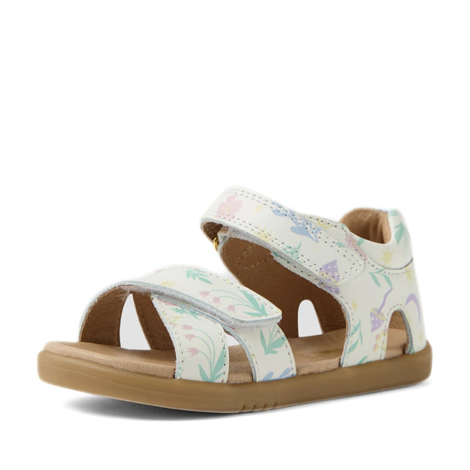 Elegant and comfortable, the Bobux IWalk Flora Toddlers Sandal White Floral Open Toe features a tan sole and white straps embellished with a delicate pastel floral and butterfly pattern. Designed with an easy Velcro closure and a thick sole for added support, these sandals are perfect for any little explorer.
