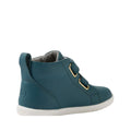 The Bobux IW Iwalk Grass Court Hi Leather Boot in Mediterranean Green is a kids’ high-top leather sneaker with adjustable straps, gold eyelets, white rubber sole, and subtle stitching, shown from the side on a white background., 9420074856814, 9420074856821, 9420074856838, 9420074856845