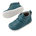 The Bobux IW Iwalk Grass Court Hi Leather Boot in Mediterranean Green for toddlers features a high-top style with white soles, two adjustable straps, gold eyelets, and a textured sole. One shoe is shown from the top/side, the other displays the sole., 9420074856814, 9420074856821, 9420074856838, 9420074856845