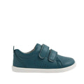 The Bobux IW Iwalk Grass Court Leather Sneaker in Mediterranean Green features a premium leather upper, two Velcro straps, perforated side holes, and a white sole—ideal toddler shoes for everyday wear. Shown in side profile on a white background., 9420074806734, 9420074806741, 9420074806758, 9420074806765, 9420074806772