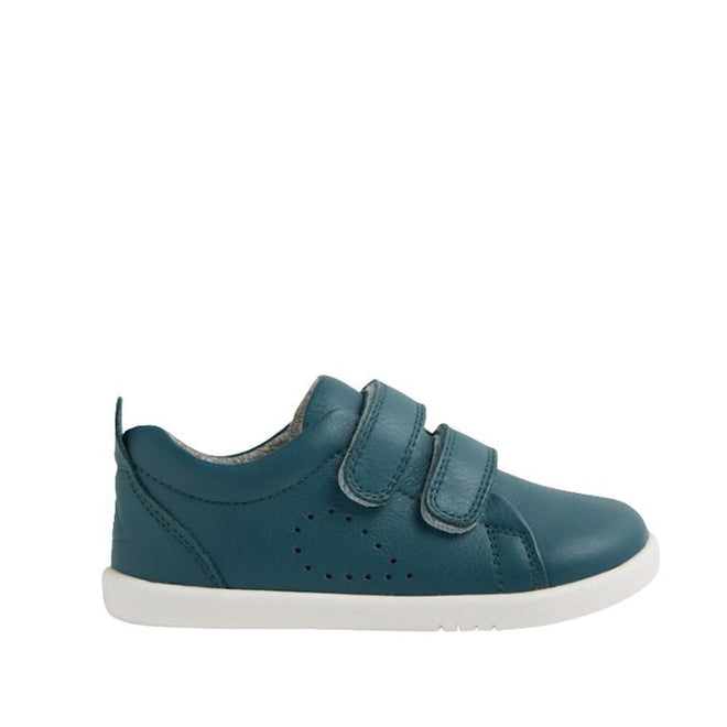 The Bobux IW Iwalk Grass Court Leather Sneaker in Mediterranean Green features a premium leather upper, two Velcro straps, perforated side holes, and a white sole—ideal toddler shoes for everyday wear. Shown in side profile on a white background., 9420074806734, 9420074806741, 9420074806758, 9420074806765, 9420074806772