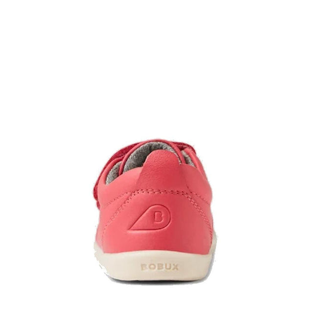 A single Bobux IW Iwalk Grass Court Leather Sneaker in Radiant Raspberry, podiatrist-endorsed for toddlers, shown from the back with a B heel logo and BOBUX on the sole, set against a white background., 9420068550902, 9420068550919, 9420068550926, 9420068550933, 9420068550940