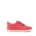 A single Bobux IW Iwalk Grass Court Leather Sneaker in Radiant Raspberry, featuring two Velcro straps and a white sole, is shown side-on against a plain background. Podiatrist-endorsed leather ensures comfort and style for toddlers., 9420068550902, 9420068550919, 9420068550926, 9420068550933, 9420068550940