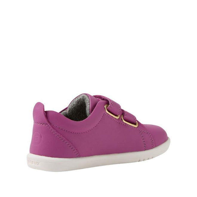 The Bobux IW Iwalk Grass Court Leather Sneaker in Cattleya Orchid Purple features double strap closure and a white sole, shown from a rear side angle against a plain white background., 9420074806987, 9420074806994, 9420074807007, 9420074807014, 9420074807021