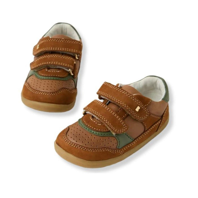 Bobux IW Iwalk Hunter Leather Sneaker in Caramel Tan for kids features green accents, perforated detailing, and two adjustable straps per shoe, shown on a white background., 9420074834195, 9420074834201, 9420074834218, 9420074834225