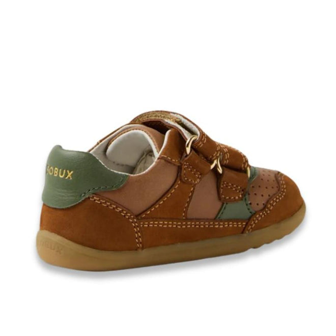 The Bobux IW Iwalk Hunter Leather Sneaker in Caramel Tan is a kids’ shoe with a soft sole, adjustable Velcro straps, Quickdry leather, visible stitching, and the BOBUX logo in gold on the green heel., 9420074834195, 9420074834201, 9420074834218, 9420074834225