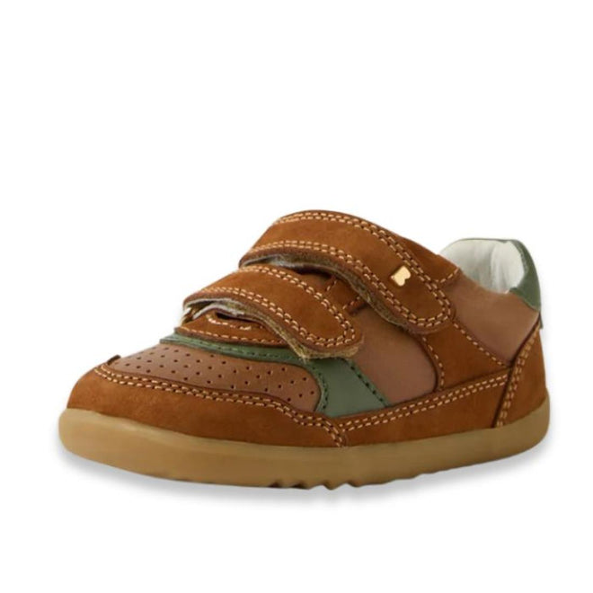 The Bobux IW Iwalk Hunter Leather Sneaker in Caramel Tan is a kids' shoe with a Quickdry leather upper, perforated details, tan stitching, two adjustable Velcro straps, and a durable rubber sole on a white background., 9420074834195, 9420074834201, 9420074834218, 9420074834225