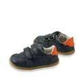 The Bobux IW Iwalk Hunter Leather Sneaker in navy for kids features tan soles, orange heel accents, perforated toe detailing, and two adjustable velcro straps, crafted from Quickdry leather and shown against a white background., 9420074834096, 9420074834102, 9420074834119, 9420074834126
