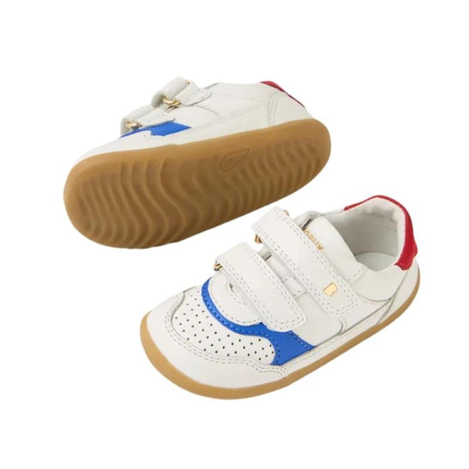 Two Bobux IW Iwalk Hunter Leather Sneaker White Salsa kids' shoes, featuring gum soles, blue and red accents, and double velcro straps. One shoe stands upright; the other lies sideways to display the sole and Quickdry leather finish., 9420074834232, 9420074834249, 9420074834256, 9420074834263, 9420074834270