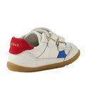 The Bobux IW Iwalk Hunter Leather Sneaker White Salsa features white Quickdry leather, a gum sole, blue side accent, red heel with gold BOBUX logo, and two adjustable straps—perfect for all-day kids' comfort and play., 9420074834232, 9420074834249, 9420074834256, 9420074834263, 9420074834270